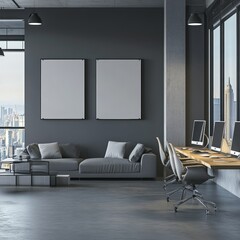 Grey business room interior with armchairs and computers on desk, waiting space with sofa on concrete floor. Window with city view. Two mock up canvas before entrance, 3D rendering