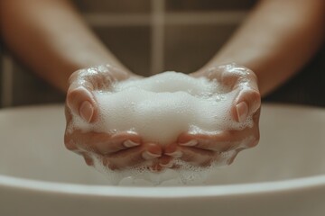 Fototapeta premium Hands Gently Holding Foamy Soap Bubbles Over Sink in Warm Toned Bathroom