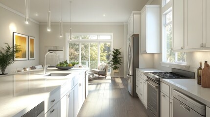 Bright contemporary kitchen featuring white cabinetry, stainless steel appliances, and a large window offering natural light