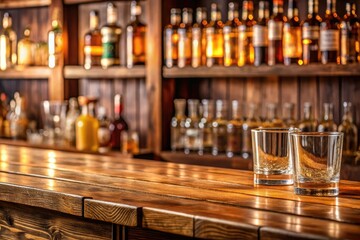 Close-up shot of polished wooden bar with glasses and bottles, decorative garnishes, beer glasses, cocktail bar, cocktail napkins, polished wood