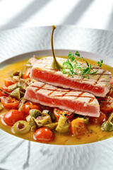 A vibrant and refreshing plate of seared tuna steak, served with cherry tomatoes, olives, and a drizzle of lemon-herb sauce