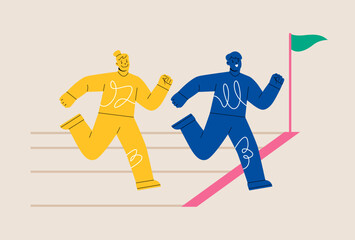 Man and woman crossing finish success and leadership. Colorful vector illustration
