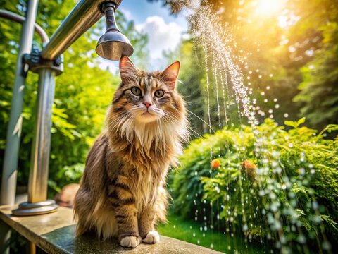 Aerial View of a Cat Bathing in a Luxurious Outdoor Shower - Bimonthly Pampering