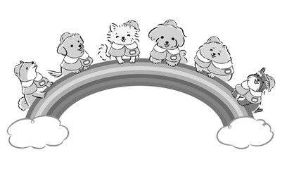 笑う犬たちとカラフルな虹のイメージイラスト（しつけ教室、犬の幼稚園、ドッグスクールなど）