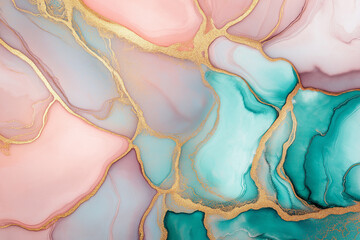 Abstract painting.  Fluid, swirling patterns of teal, pink, and light beige colors.  Gold lines and flecks create intricate veins and highlights within the abstract shapes.  The colors transition smoo