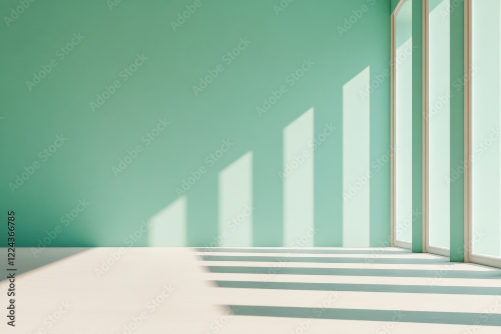 Aufkleber serene minimalist architecture sunlit green wall with linear window shadows - modern workspace desig