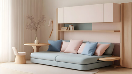 apartment living room with a space-saving design featuring a compact sofa, a foldable wooden dining table, and multi-functional storage solutions, with soft pastel accents adding charm and personality