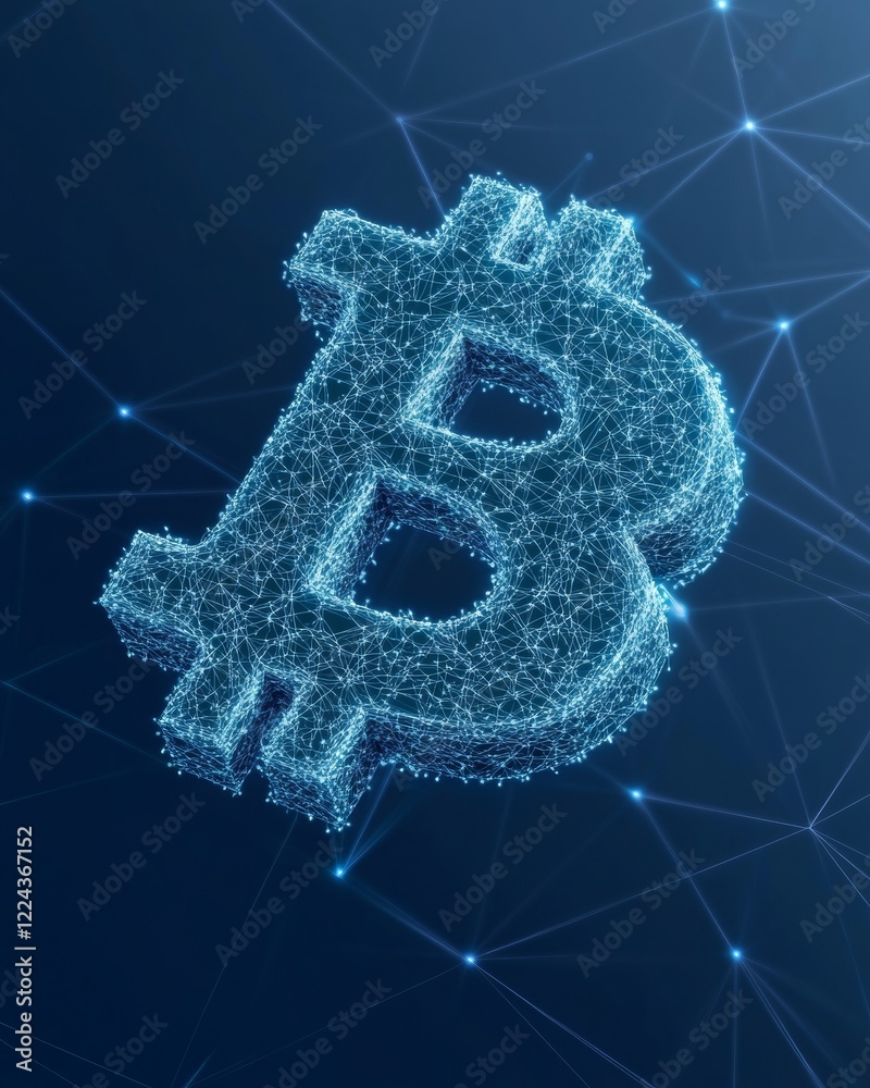 Leinwandbilder Futuristic Blockchain Glowing Bitcoin Symbol with Interconnected Nodes - Digital Finance Solutions and Global Investment Insights in Tech Innovation