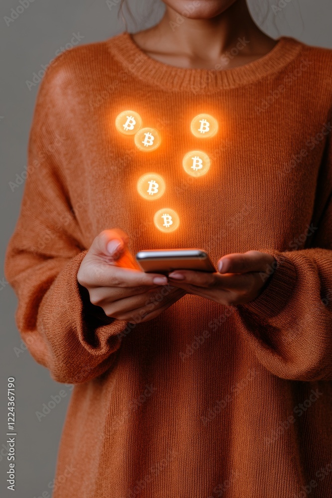 Poster elegant fintech interface indian woman holding smartphone with glowing crypto wallet app - blockchai