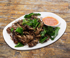 Fried Crickets with Spicy Sauce, vacation, delicious food, food photography.