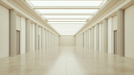 Fototapeta premium Elegant, long gallery with columns and high ceiling.