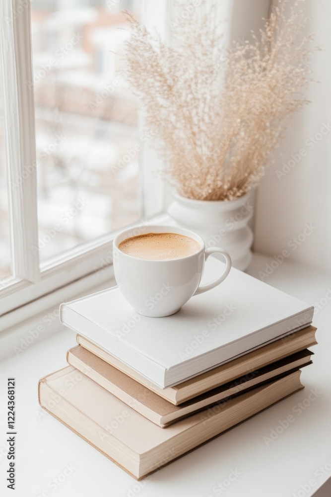 Aufkleber minimalist workspace cozy white ceramic mug on stacked books by window - enhancing productivity for 