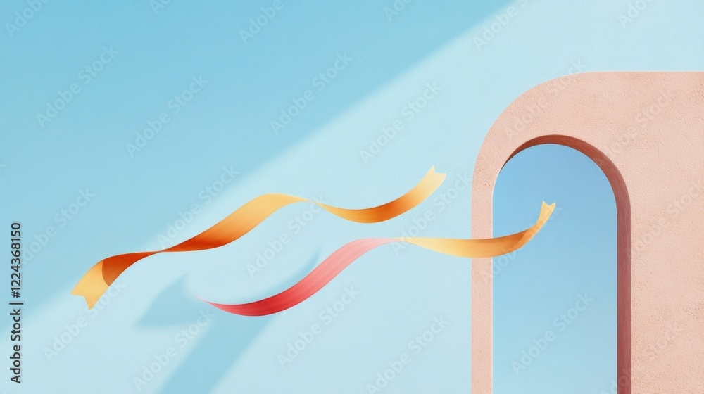 Poster minimalist city celebration design bright town square with floating ribbons and archway text space -