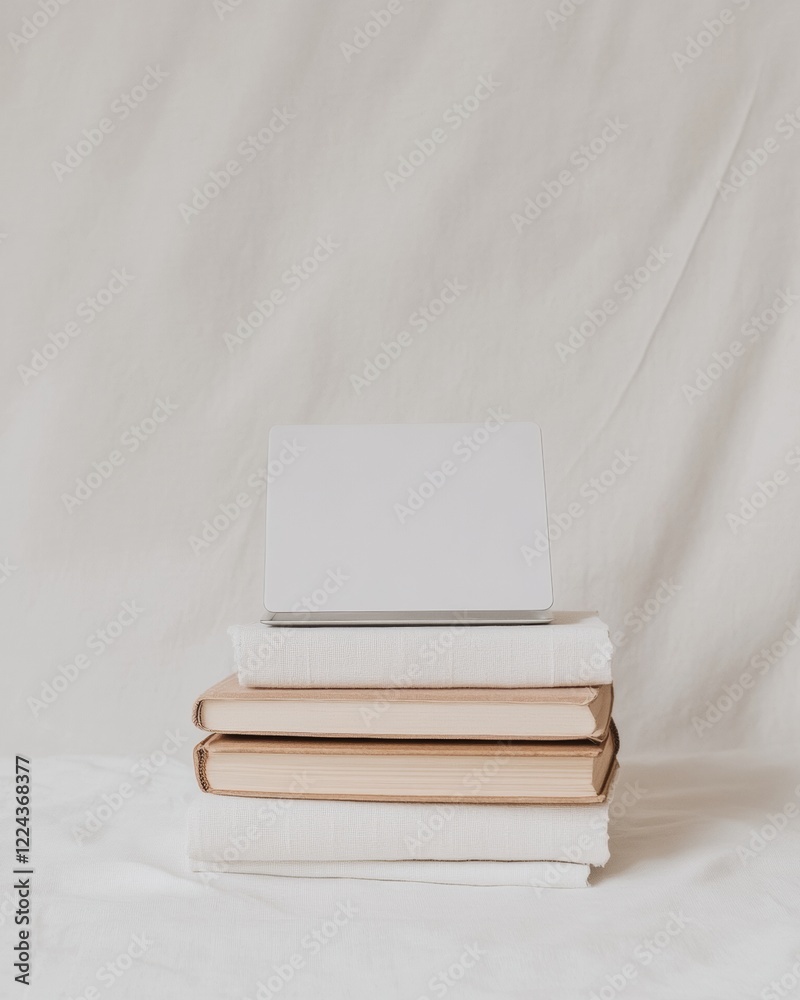 Poster minimalist workspace elegance open laptop on linen-covered books - digital language exams and profes
