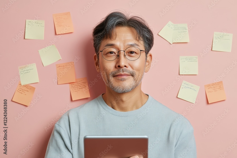 Poster Modern Professional Focus Korean Man with Tablet and Notes - Digital Exam Prep and Skill Development in Tech-Friendly Workspace Design