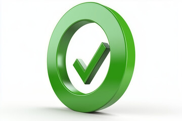 A bright, glossy, emerald green check mark icon, positioned within a larger, similarly colored circle.&nbsp;The check mark is in a three-dimensional form, creating a sense of depth. The circle is also thre