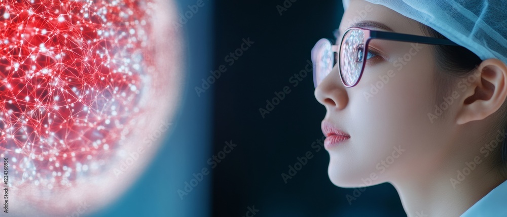 Aufkleber futuristic cybersecurity interface asian female it expert analyzing holographic network data - cutti