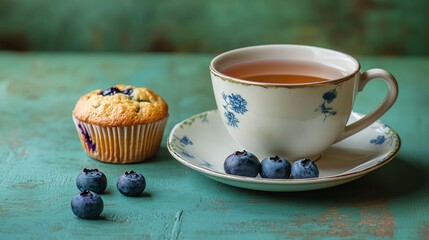Fototapeta premium Photo of a cup and saucer with tea, next to it is one blueberry muffin on the table against a green background.