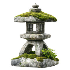 A serene stone lantern covered in vibrant green moss, symbolizing tranquility and harmony in a traditional Japanese garden. Perfect for cultural themes.