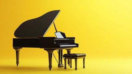 Elegant Black Grand Piano on Yellow Background: A Musical Still Life