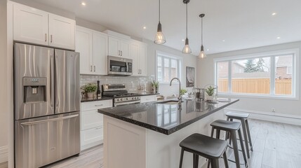 Fototapeta premium Modern kitchen design featuring sleek appliances and bright natural light in a spacious setting