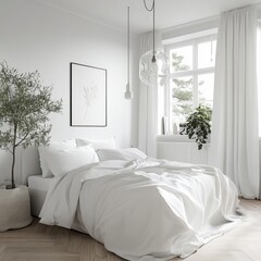 White bedroom concept. Scandinavian interior design. 3D illustration