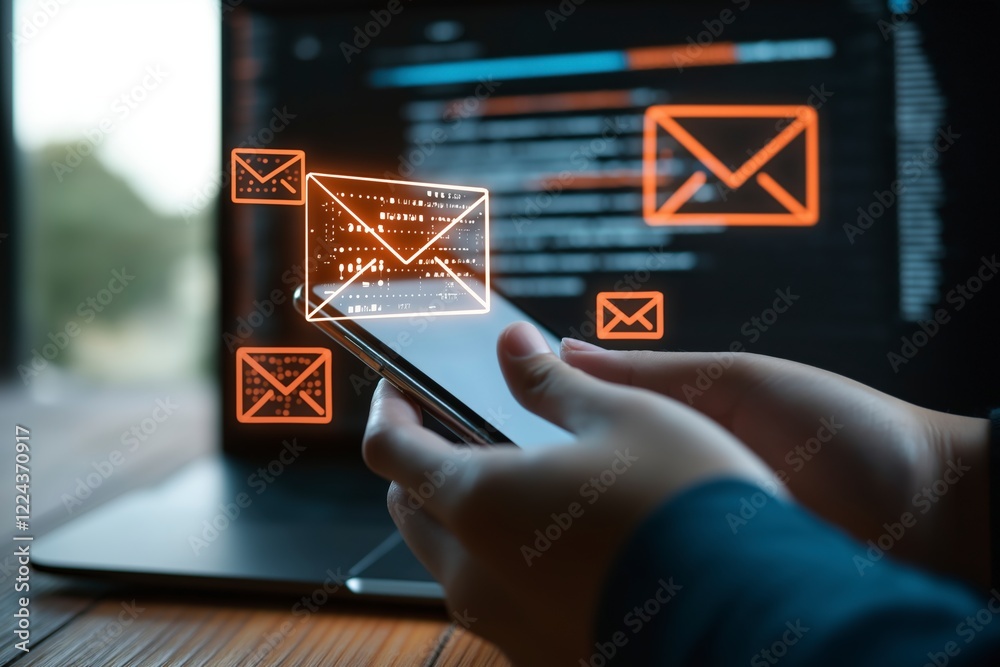Poster hands holding smartphone with email notifications against blurred background and laptop screen displ