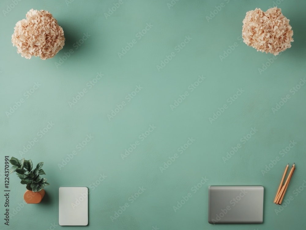 Poster neo-mid-century office aesthetic minimal workspace with dual device setup on pastel green desk - enh