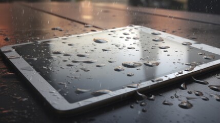Wet Smartphone Reflecting on Dark Glossy Surface with Water Droplets