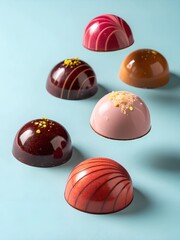 Glossy dome-shaped chocolate pralines with marbled and speckled designs float elegantly against a soft pastel background. The assortment includes dark, milk, and ruby chocolate.