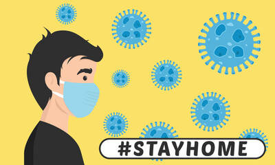 Stay home vector content on a white background. #stayhome background. man wearing mask.