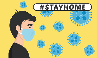 Stay home vector content on a white background. #stayhome background. man wearing mask.