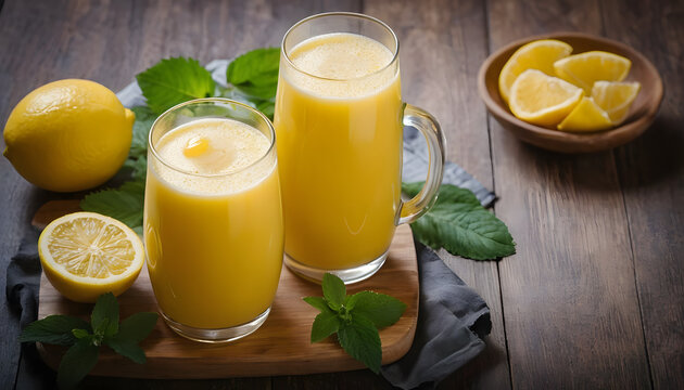 Refreshing lemon juice in glasses with mint leaves, served on wooden board, summer beverage, copy space