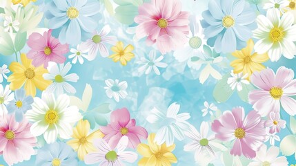A charming spring background adorned with an array of spring flowers and delicate daisies. The vibrant colors and sweet scents of these blossoms create a refreshing and inviting atmosphere 