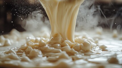 Waffle batter flows into a hot iron with rising steam in a cozy kitchen setting