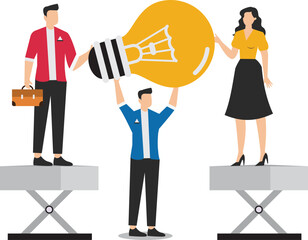 Innovation idea to drive team success. Three people holding a big light bulb, representing collaboration and creativity. Perfect for promoting teamwork, innovation, or brainstorming concepts