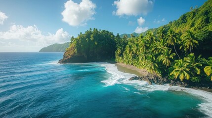Fototapeta premium Peaceful tropical island with lush green foliage, white sandy beaches, and clear blue waters, captured from above.