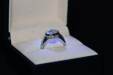 A macro shot of an elegant diamond engagement ring.