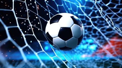 Fototapeta premium Soccer Ball Strikes the Net, Creating a Dynamic Goal Scene