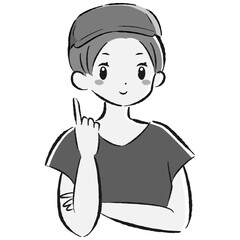 作業着の女性が指をさしているイラスト