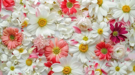 Obraz premium A charming spring background adorned with an array of spring flowers and delicate daisies. The vibrant colors and sweet scents of these blossoms create a refreshing and inviting atmosphere 