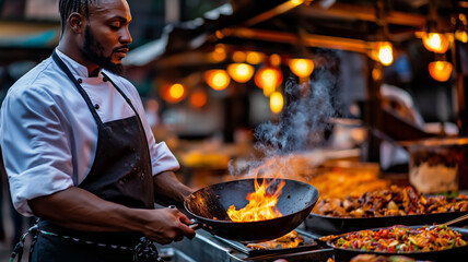Chef cooking in fiery kitchen at night
