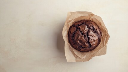 A chocolate muffin wrapped in brown paper, placed on the table with its front facing the camera. The background is plain white and neutral