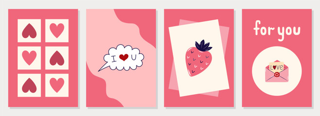 Happy Valentine's Day Cards collection. 4 Simple cute greeting cards with hearts and strawberries on pink background. Vector illustration.