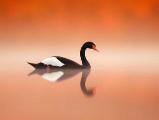 Fototapeta premium Tranquil Swan on Misty Lake Black-and-White Grace in Autumn Hues Visual Content for Eco-Tourism Promotion and Nature Conservation Campaigns