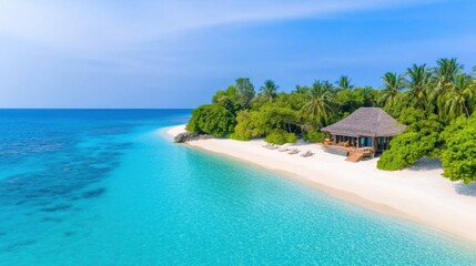 Naklejka premium Serene Tropical Beachfront Retreat with Crystal Clear Waters and Lush Greenery Under Bright Blue Sky