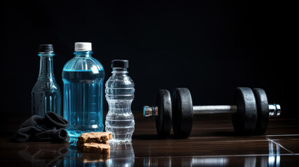 Gym Environment Featuring Water Bottles, Towel, and Dumbbell on Wood Floor
