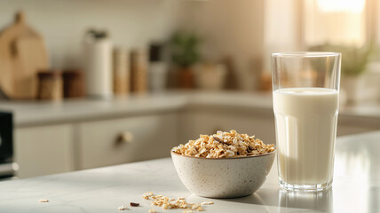 Glass of milk and bowl with tasty muesli 