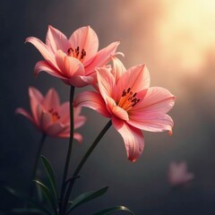 Fototapeta premium Softly glowing lily blooms in misty atmosphere, smoke, mist