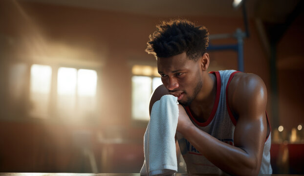 Exhausted Boxer Resting with Towel in Sunlit Training Gym